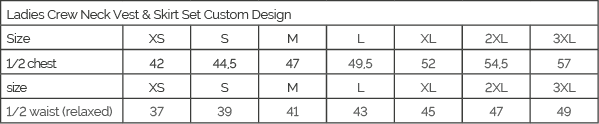 Custom Sublimated Ladies Crew Neck Vest & Skirt Set size guide
