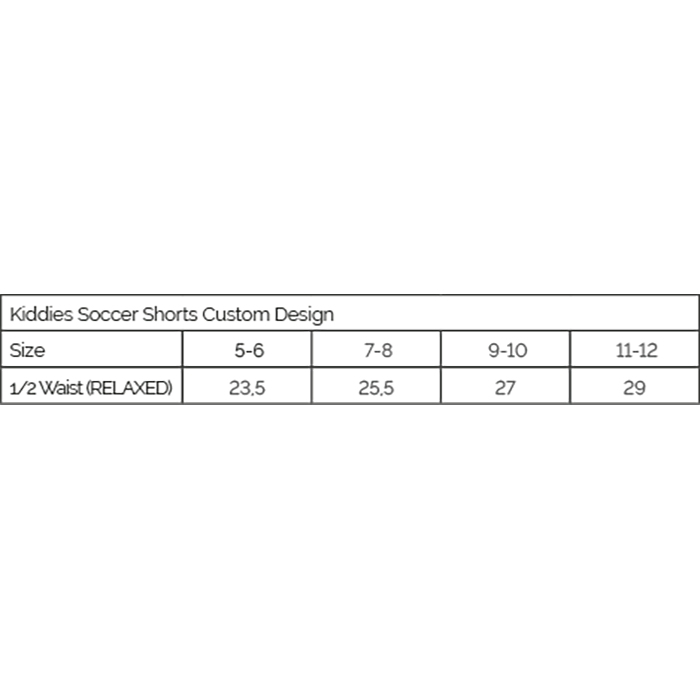 Custom Sublimated Kids Soccer Shorts size guide