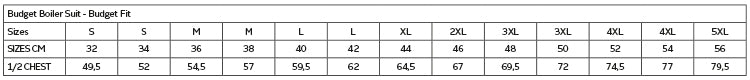 Barron Budget Boiler Suit size chart