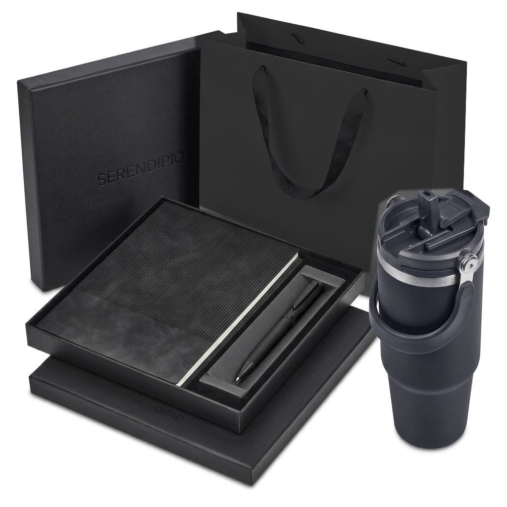 The Signature Set – notebook & pen set, Drakensberg tumbler and black Ritz gift bag