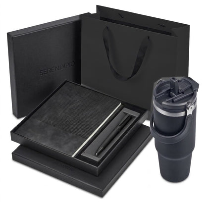 The Signature Set – notebook & pen set, Drakensberg tumbler and black Ritz gift bag