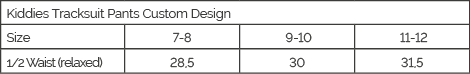 Custom Sublimated Kids Tracksuit Pants size guide