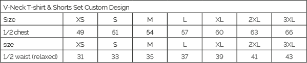 Custom Sublimated V-Neck T-Shirt & Shorts Set size guide