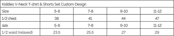 Custom Sublimated Kids V-Neck T-Shirt & Shorts Set size guide
