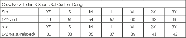 Custom Sublimated Crew Neck T-Shirt & Shorts Set size guide