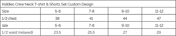 Custom Sublimated Kids Crew Neck T-Shirt & Shorts Set size guide