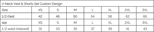 Custom Sublimated V-Neck Vest & Shorts Set size guide