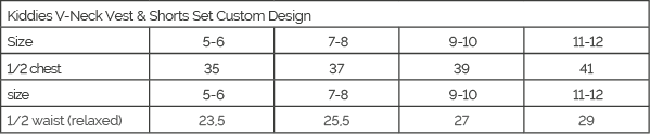 Custom Sublimated Kids V-Neck Vest & Shorts Set size guide