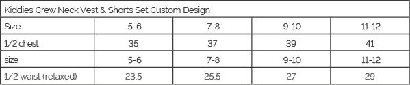 Custom Sublimated Kids Crew Neck Vest & Shorts Set size guide